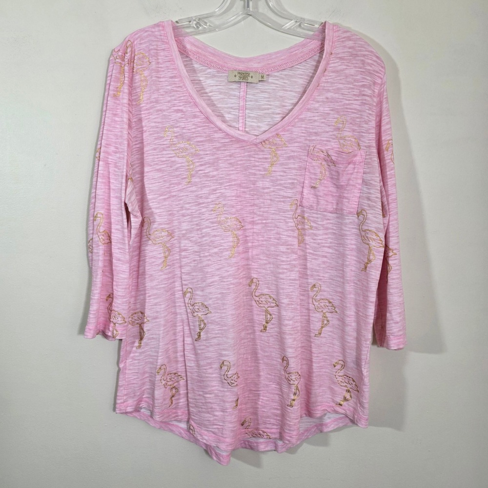 Paradise Shores Women Shirt Gold Flamingo V-Neck Slub Knit Pink Size Medium